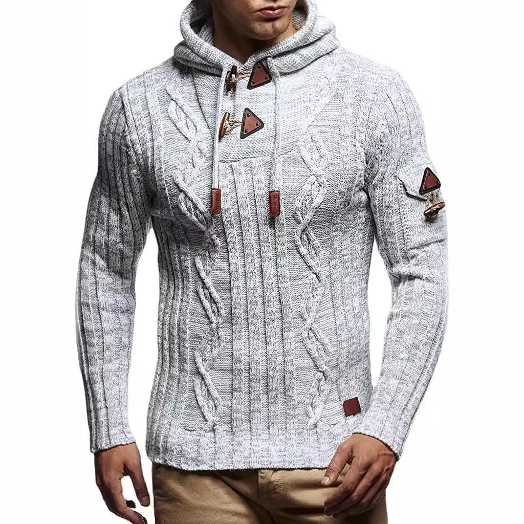 Herren Grobstrick Pullover mit Kapuze und dekorativen Schnürdetails Drune