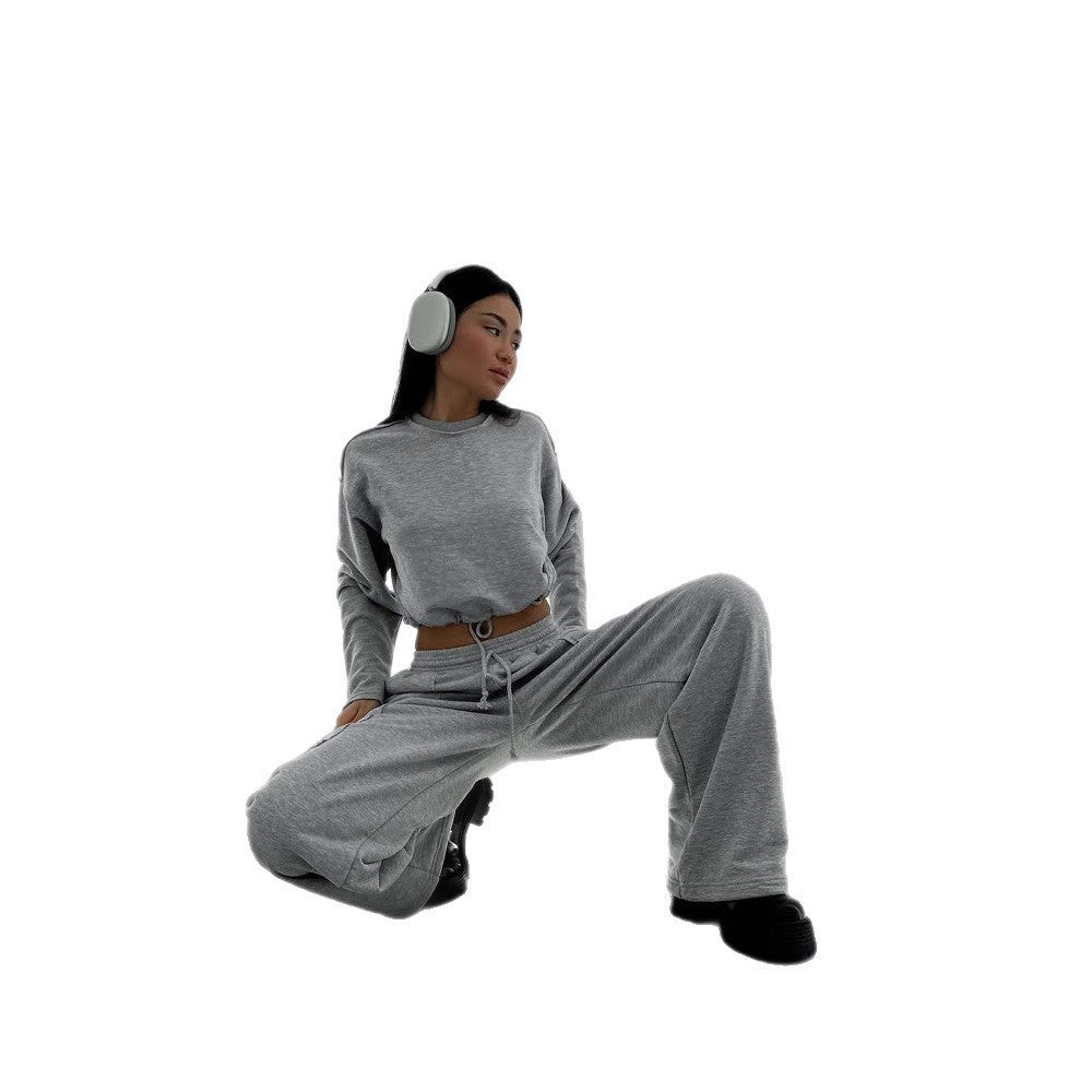 Damen Kurzes Tunnelzug-Sweatshirt mit geripptem Saum und lässiger High‑Waist‑Jogginghose Drune