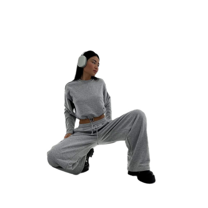 Damen Kurzes Tunnelzug-Sweatshirt mit geripptem Saum und lässiger High‑Waist‑Jogginghose Drune