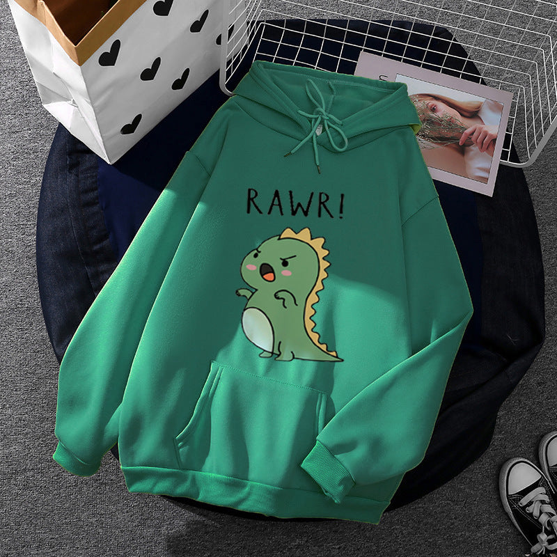 Damen nan Oversize-Kapuzenpullover mit kawaii Dinosaurier-Motiv, gerippten Bündchen und Kängurutasche Drune