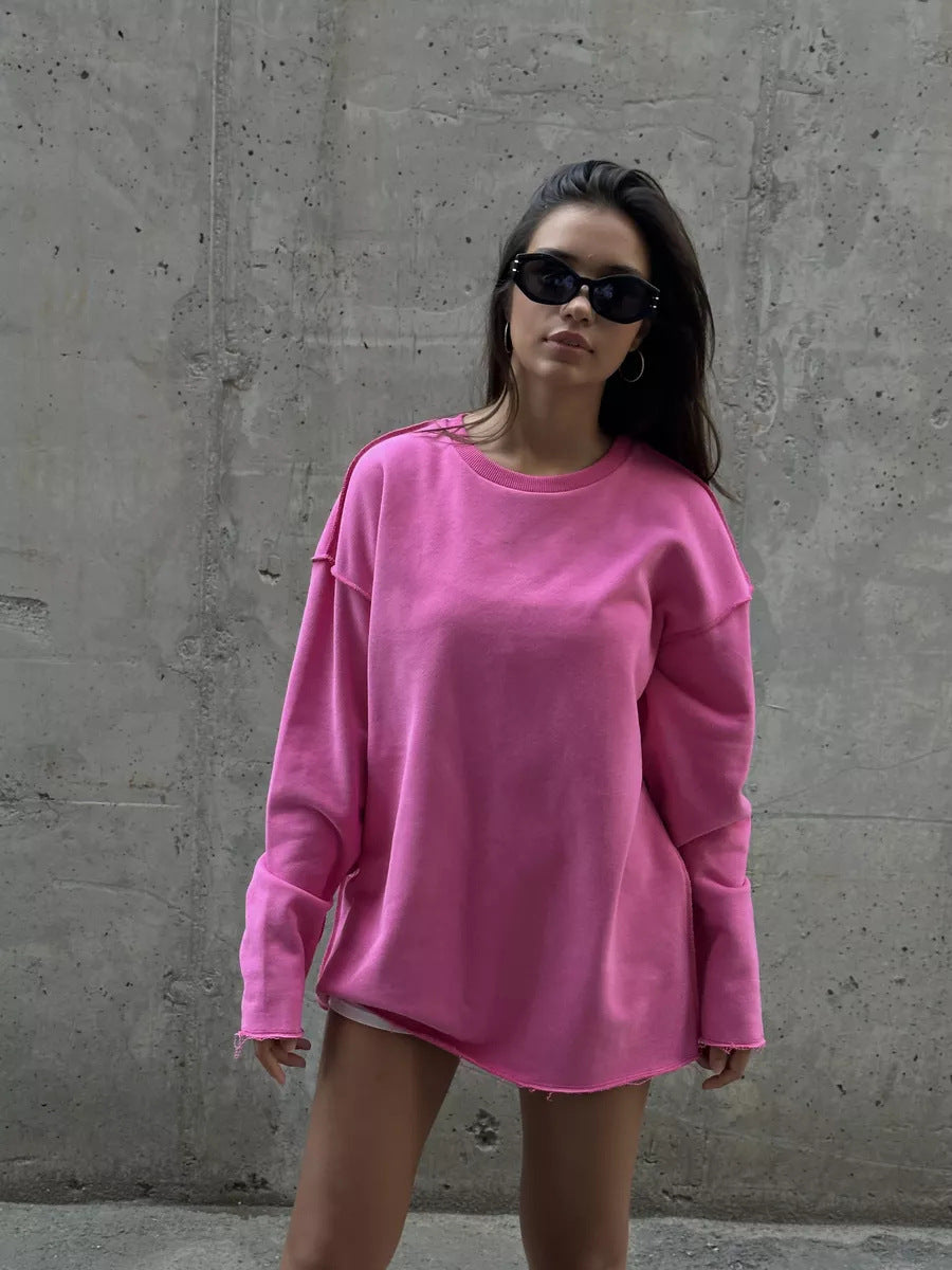 Damen oversized Sweatshirt mit ausgefranstem Saum und verlängerten Ärmeln Drune