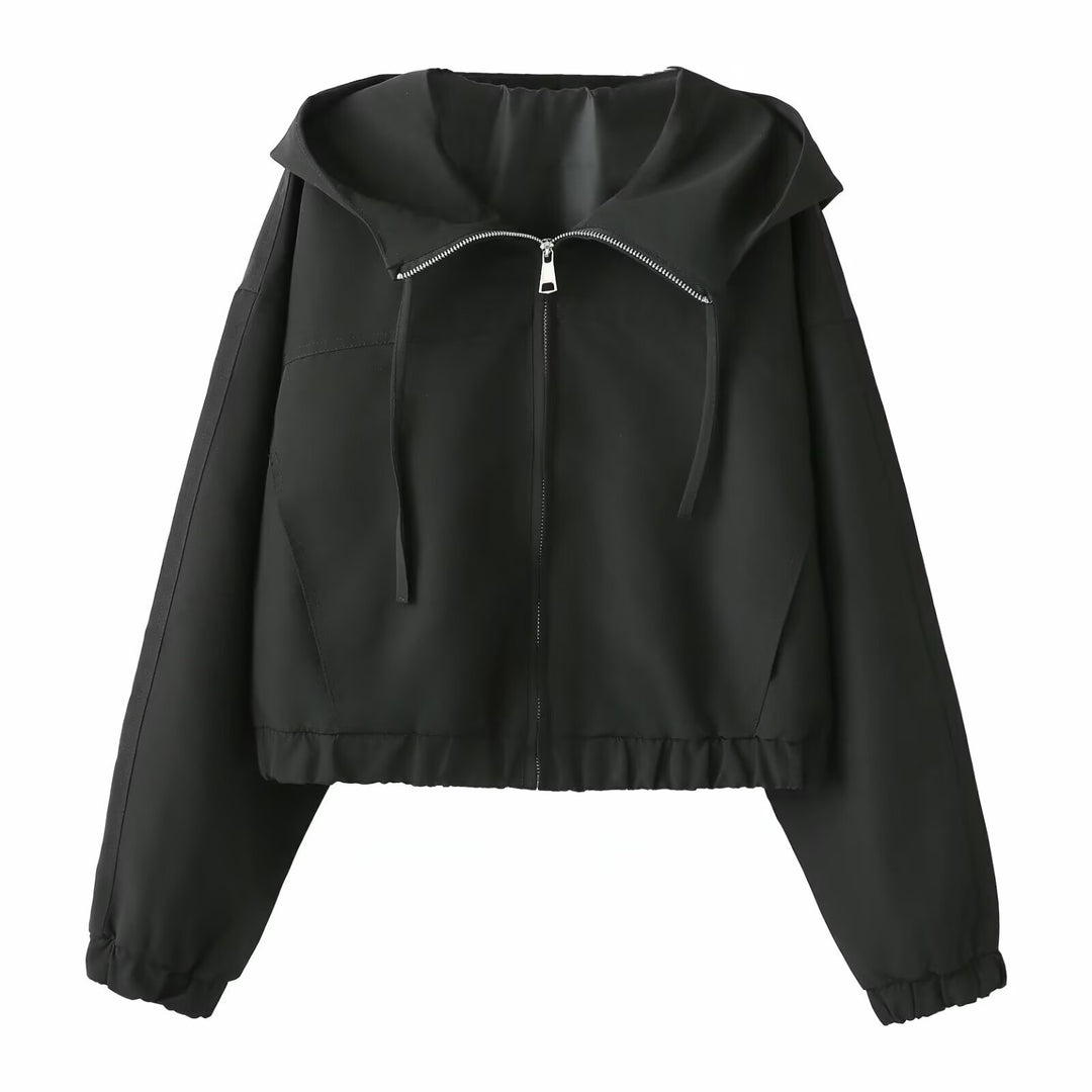 Damen Kurzer Cropped Blouson mit Kapuze, Reißverschluss und elastischem Saum Drune