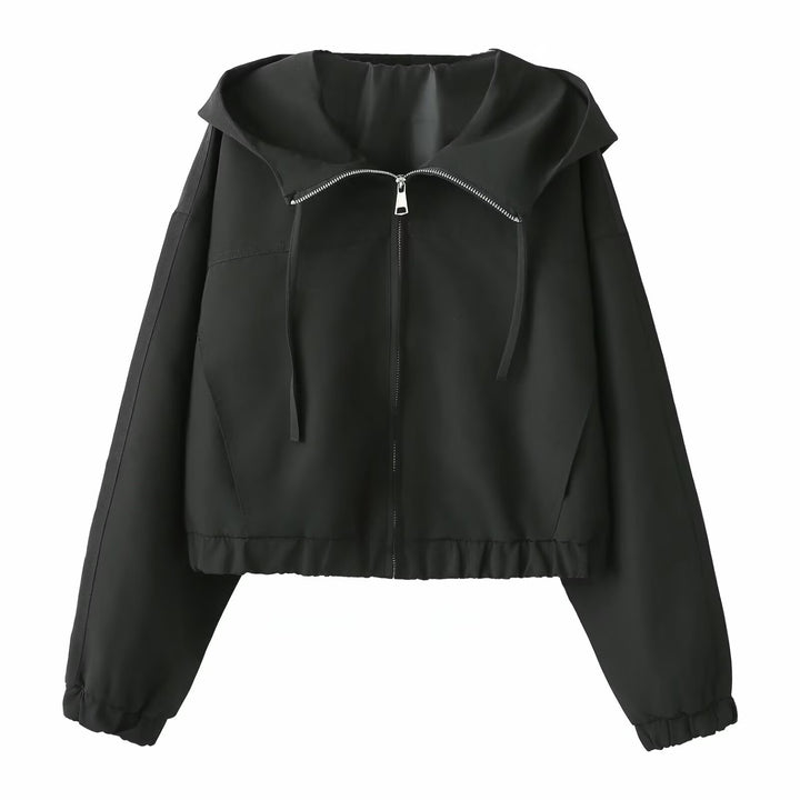 Damen Kurzer Cropped Blouson mit Kapuze, Reißverschluss und elastischem Saum Drune