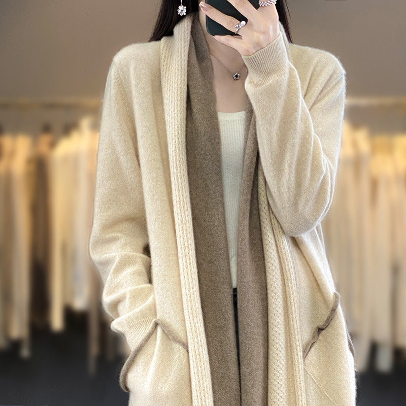 Damen Langer offener Cardigan in Kaschmir‑Look mit Schalkragen und Eingriffstaschen Drune