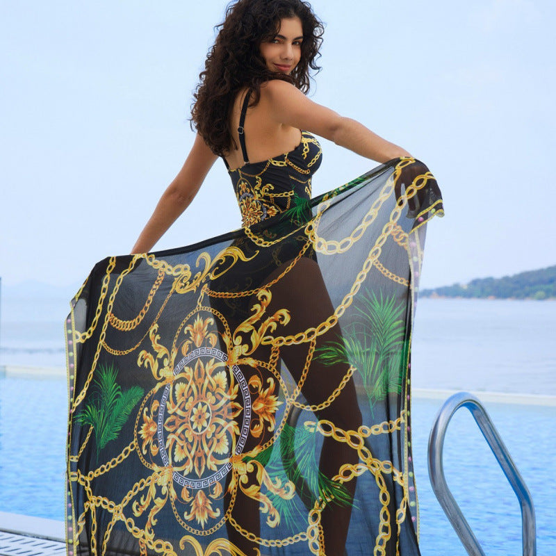 Damen Eleganter einteiliger Badeanzug mit dekorativem Gürtel Drune