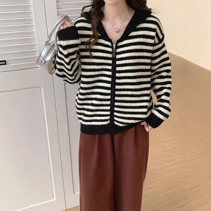 Damen lässiger Strickpullover mit Kapuze und Reißverschluss Drune