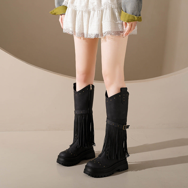 Damen Overknee-Stiefel mit modischem Fransen-Design und robustem Profil Drune
