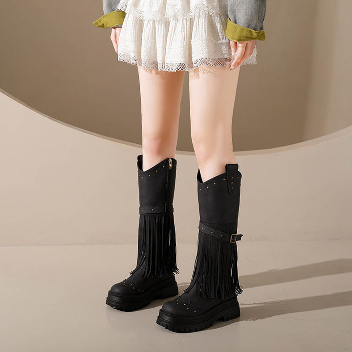 Damen Overknee-Stiefel mit modischem Fransen-Design und robustem Profil Drune