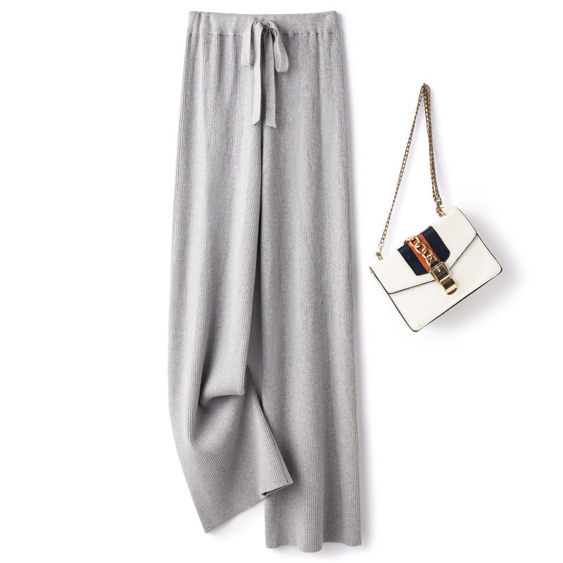 Damen Weite Rippstrick-Hose mit Tunnelzug und fließender Palazzo-Silhouette Drune