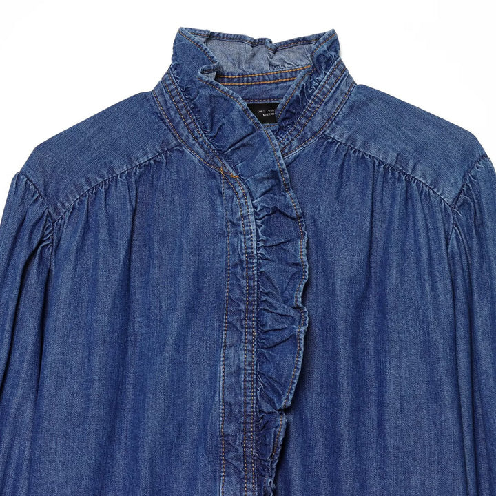 Damen Denim-Bluse mit Rüschenknopfleiste und Stehkragen Drune