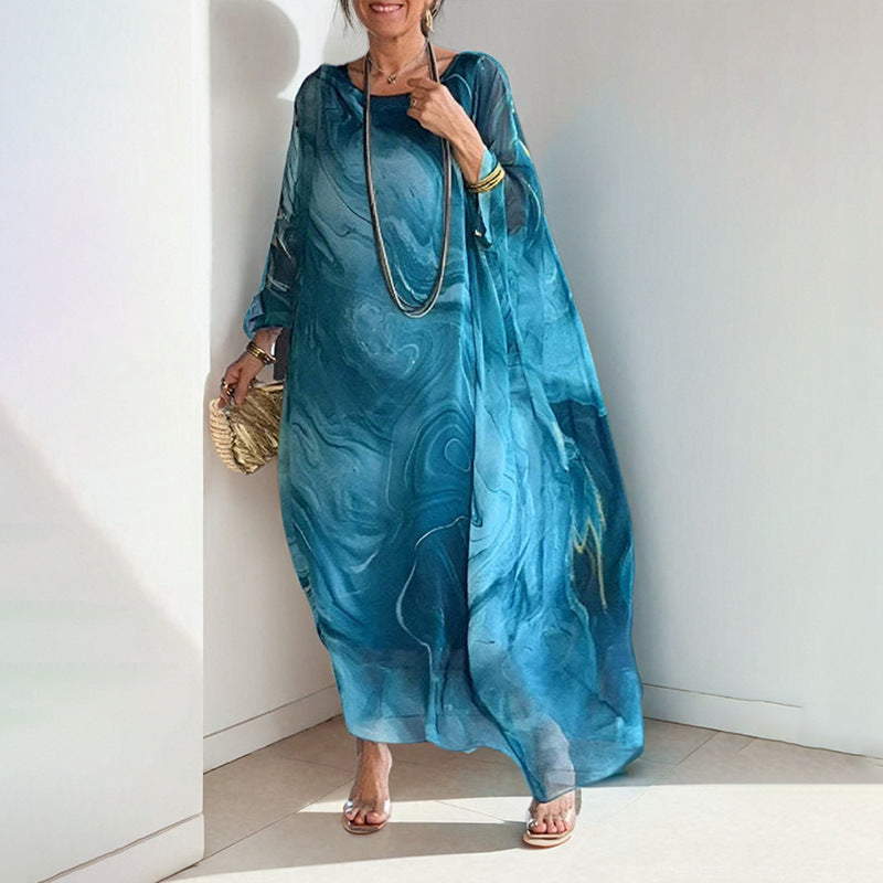 Damen Maxikleid mit elegantem Wasserfarbenmuster und weitem Schnitt Drune