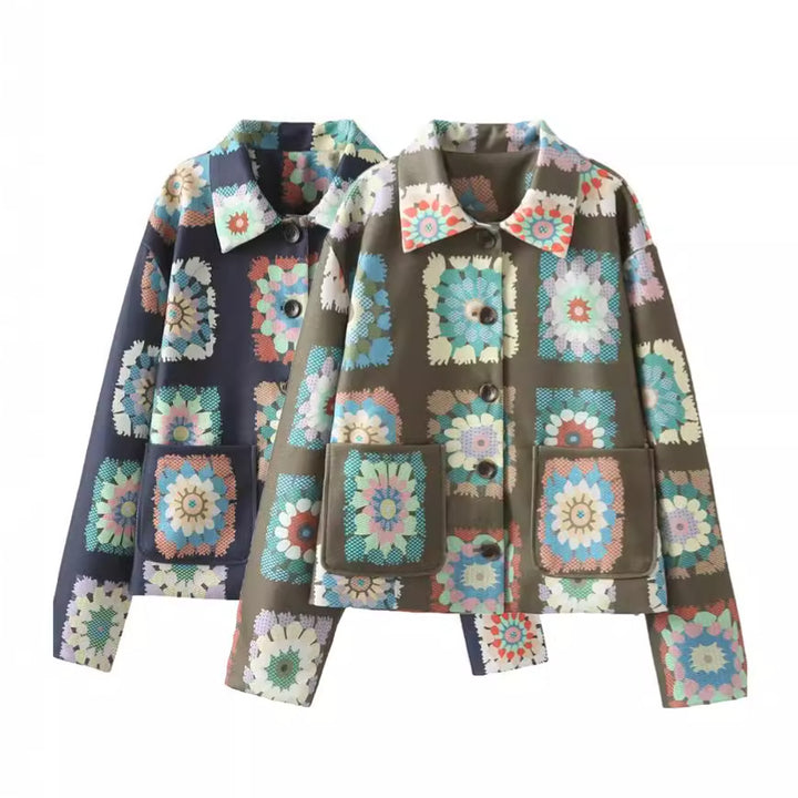 Damen nan gemusterte kurze Boxy-Jacke mit floralen Patchwork-Quadraten Drune