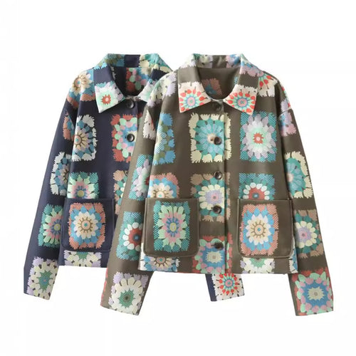 Damen nan gemusterte kurze Boxy-Jacke mit floralen Patchwork-Quadraten Drune
