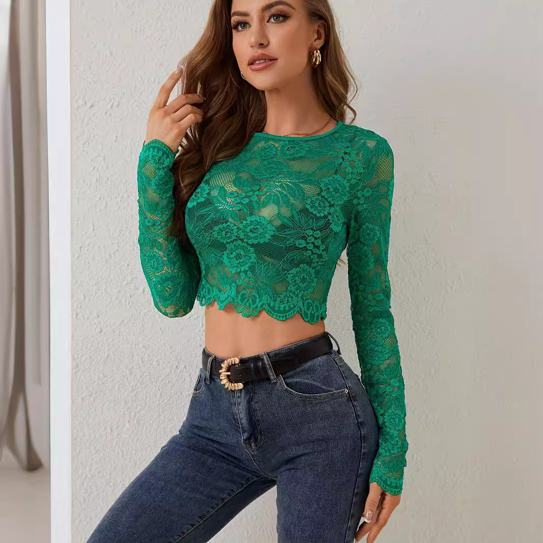 Damen nan kurz geschnittenes florales Spitzen-Crop-Top mit Rundhalsausschnitt, langen Ärmeln und gewelltem Saum Drune