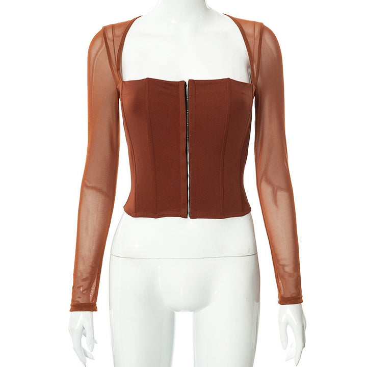 Damen Cropped Oberteil mit transparenten Ärmeln und strukturiertem Schnitt Drune