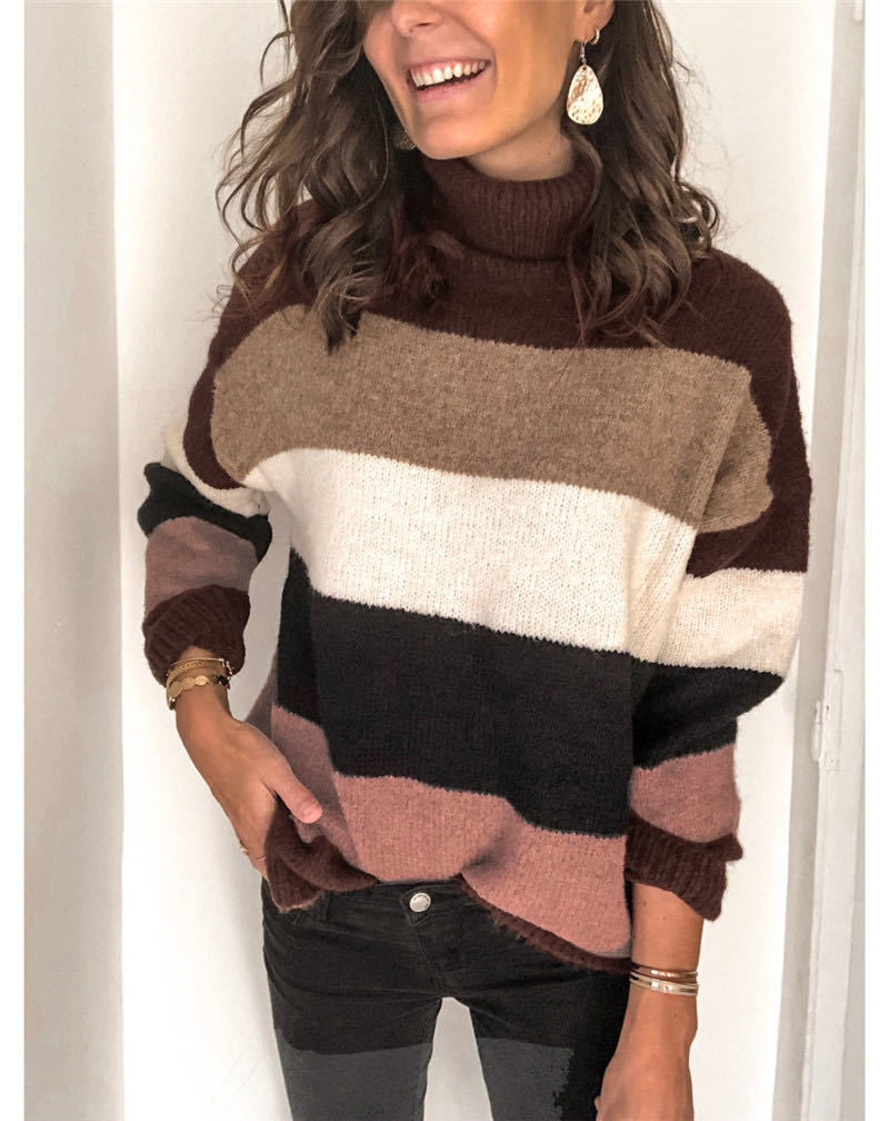 Damen Oversize Rollkragenpullover mit breiten Blockstreifen und weichem Strick Drune