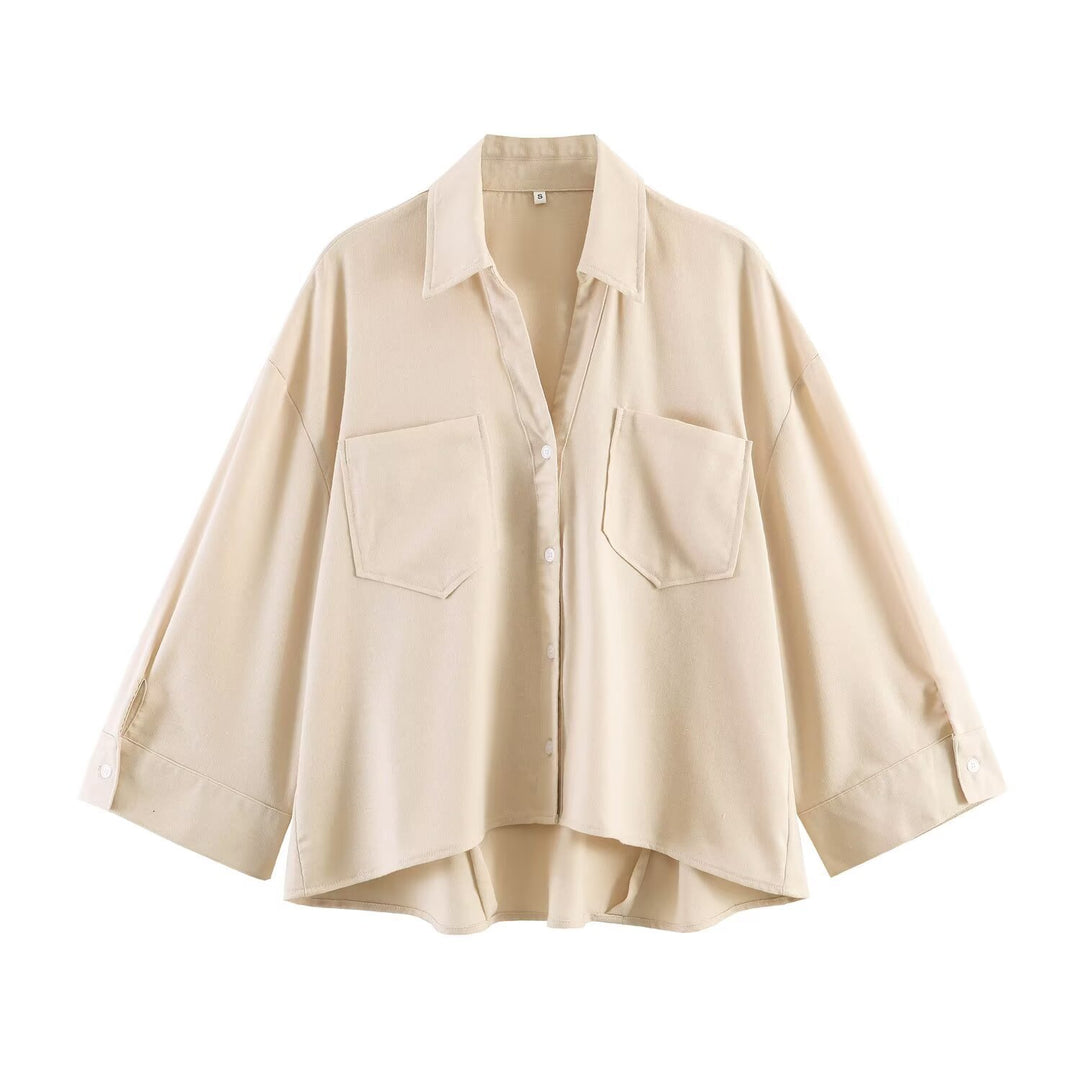Damen Oversize-Hemdbluse mit großen Brusttaschen, überschnittener Schulter und High‑Low‑Saum Drune