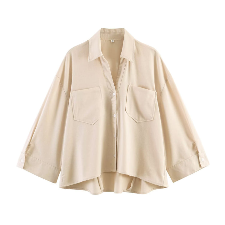 Damen Oversize-Hemdbluse mit großen Brusttaschen, überschnittener Schulter und High‑Low‑Saum Drune