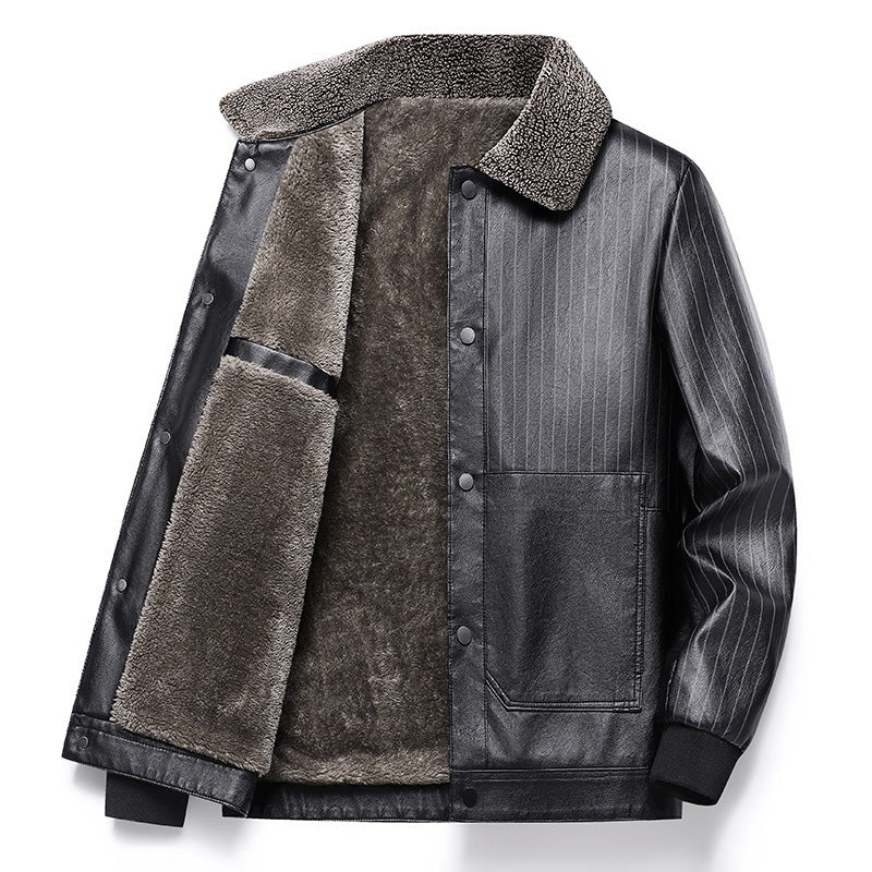 Herren Kunstleder-Blouson mit Sherpa-Kragen, wärmendem Teddyfutter und Nadelstreifen-Detail Drune