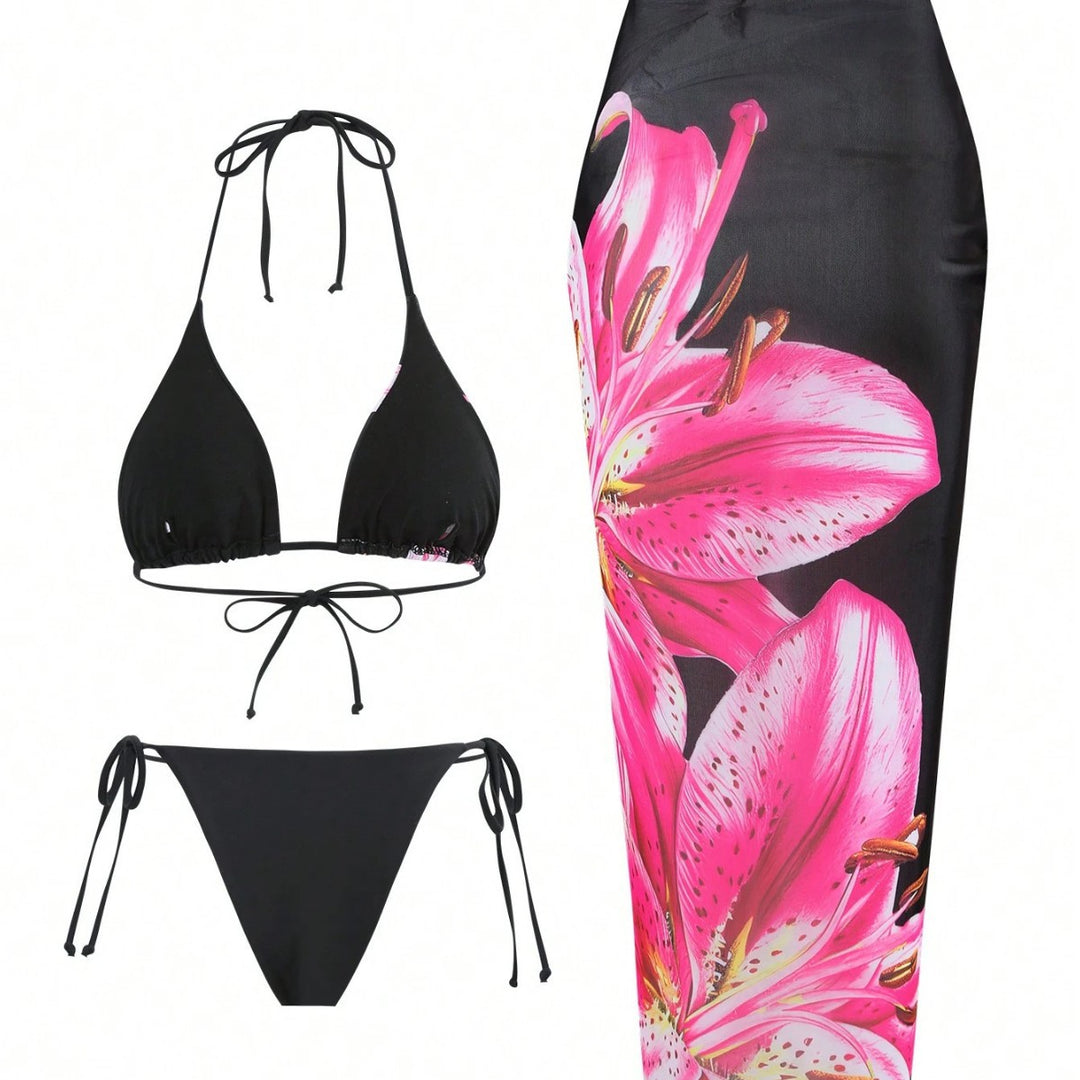 Damen Bikini-Set mit floralem Muster und passendem Wickelrock Drune