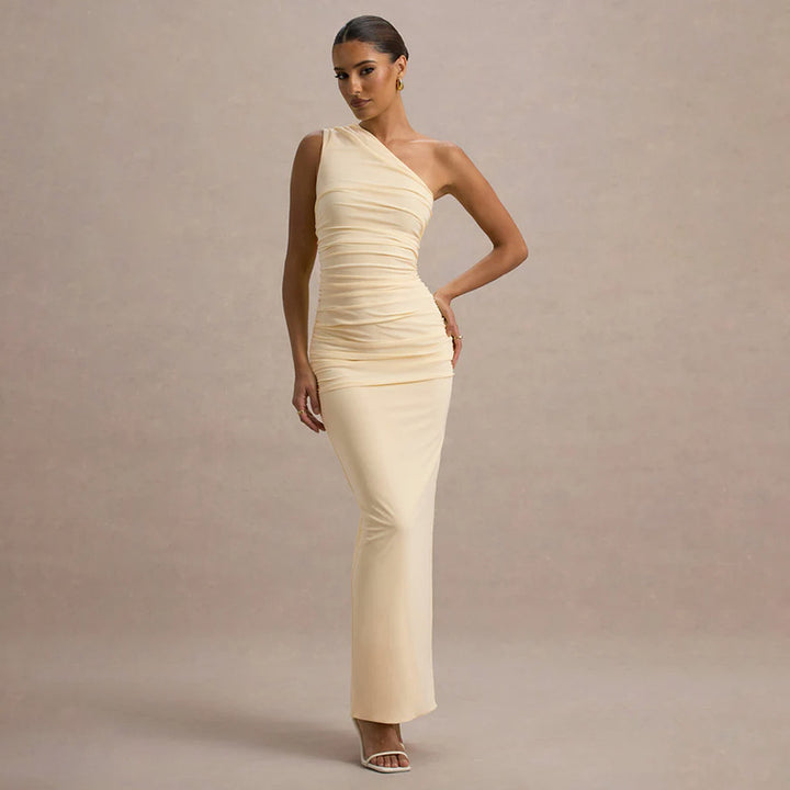 Damen schulterfreies Maxikleid mit Rüschendetails und figurbetonter Silhouette Drune