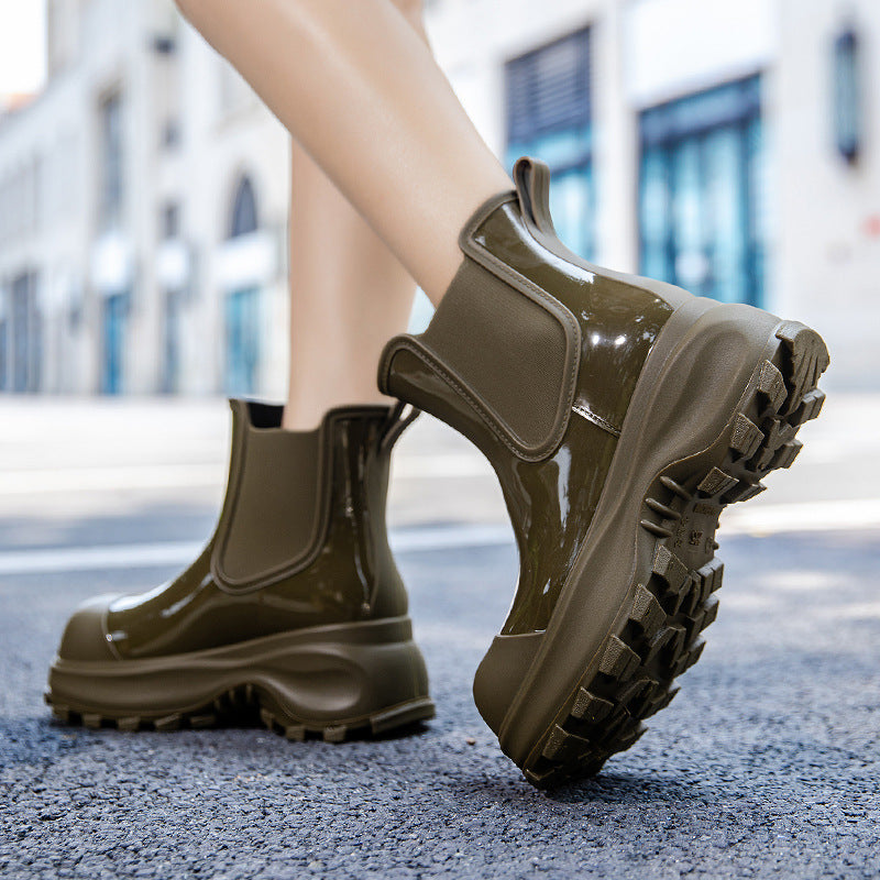 Damen Plateau-Gummistiefelette im Chelsea-Stil mit robuster Lug-Sohle Drune