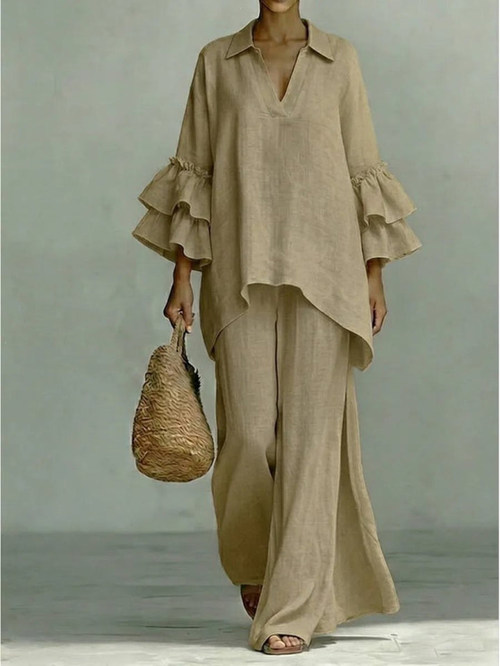 Damen Leinen-Loungewear-Set mit Volantärmeln und weitem Palazzo-Hose Drune