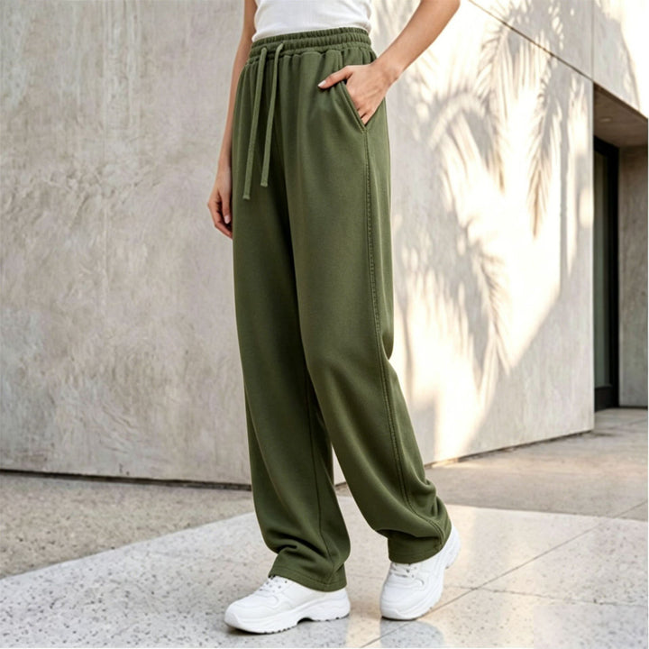 Damen nan weite Loungepalazzo-Hose mit hohem Komfortbund, Kordelzug, seitlichen Eingrifftaschen und dekorativer Seitennaht Drune
