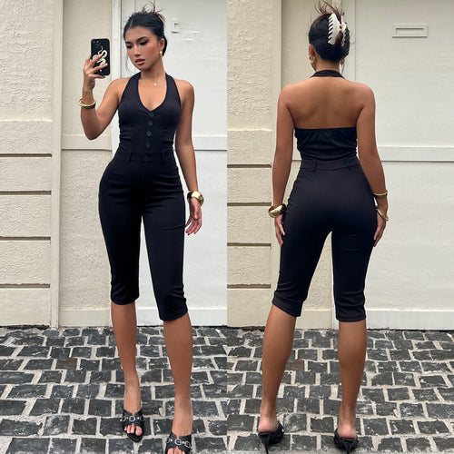 Damen figurbetonter Jumpsuit mit elegantem Halterneck und Knopfleiste Drune