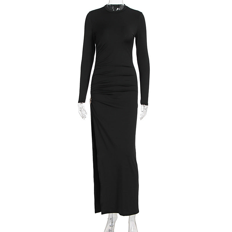 Damen elegantes, figurbetontes Kleid mit Raffungen und hohem Schlitz Drune