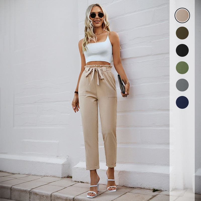 Damen Leichte Paperbag-Hose mit Gummibund, Bindegürtel und aufgesetzten Taschen Drune