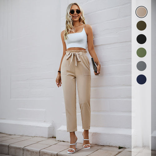 Damen Leichte Paperbag-Hose mit Gummibund, Bindegürtel und aufgesetzten Taschen Drune