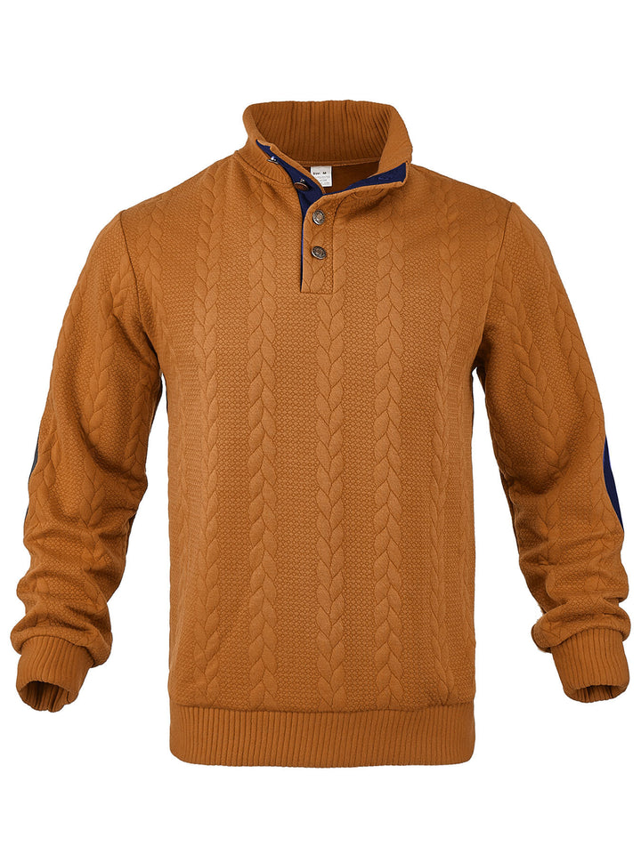 Herren nan Zopfmuster-Halbknopf-Pullover mit hohem Stehkragen und Wildleder-Ellbogenpatches Drune