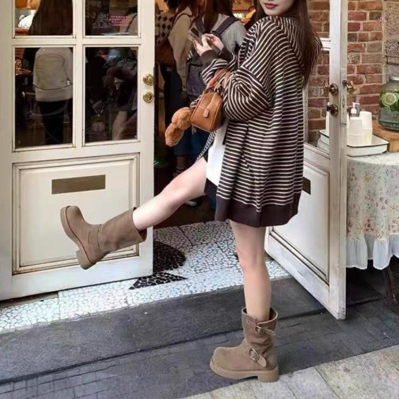 Damen modische Strickjacke mit breitem Streifenmuster und praktischen Taschen Drune