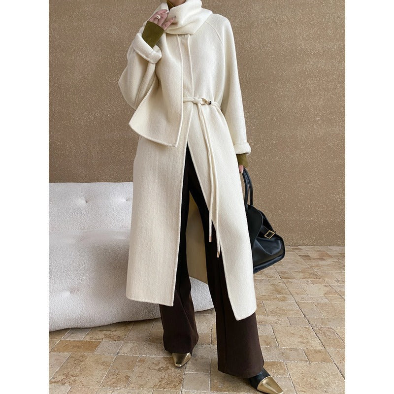 Damen eleganter Wickelmantel mit großzügigem Kragen und praktischem Gürtel Drune