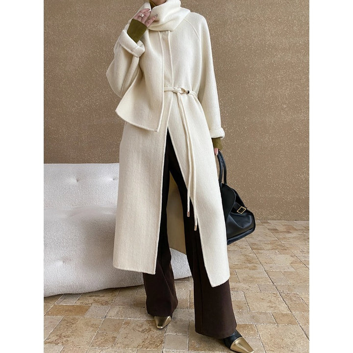 Damen eleganter Wickelmantel mit großzügigem Kragen und praktischem Gürtel Drune