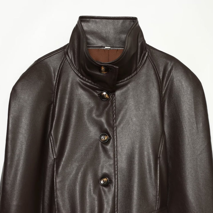 Damen Taillierte Cropped Veganlederjacke mit Stehkragen und Bindegürtel Drune