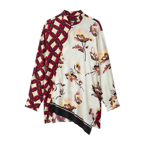 Damen Oversize Seidenoptik Bluse mit asymmetrischem Saum und Patchwork-Print Drune