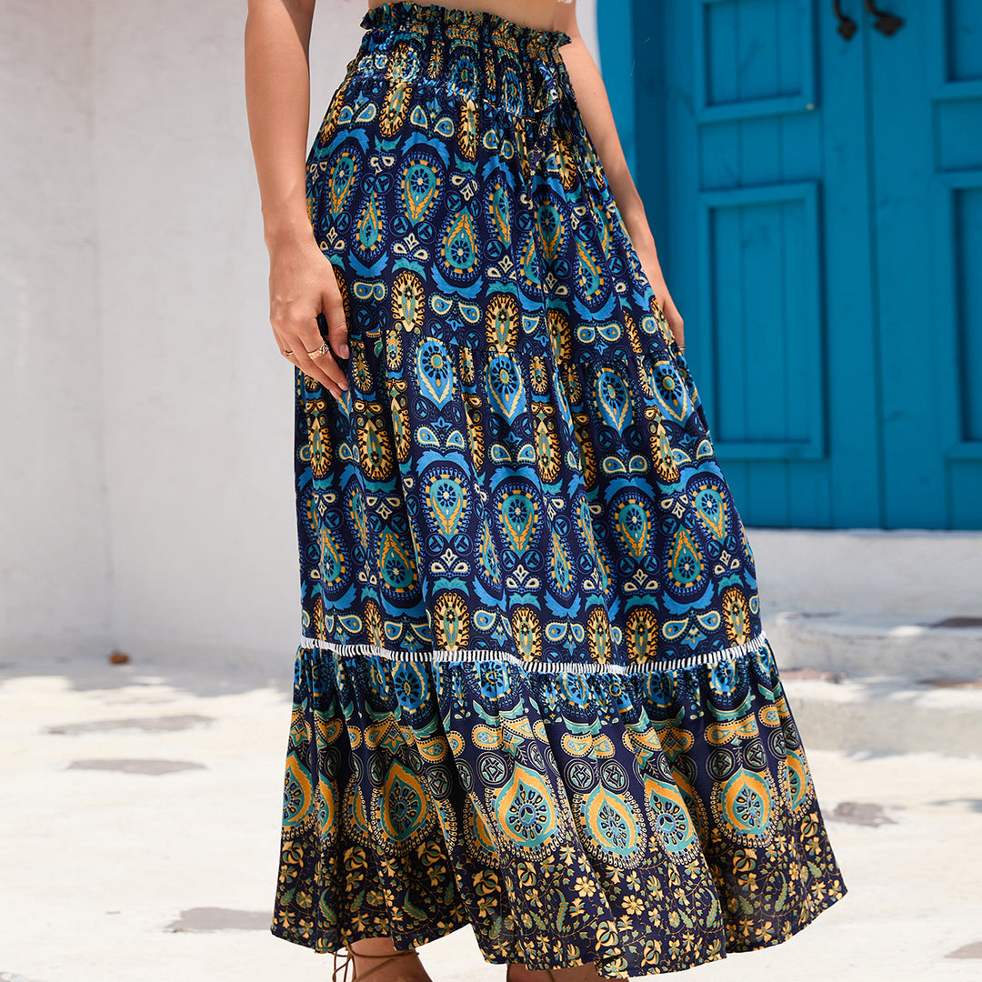 Damen nan Maxirock im Boho‑Stil mit Stufen, gerafftem Elastikbund und Paisley‑Print Drune