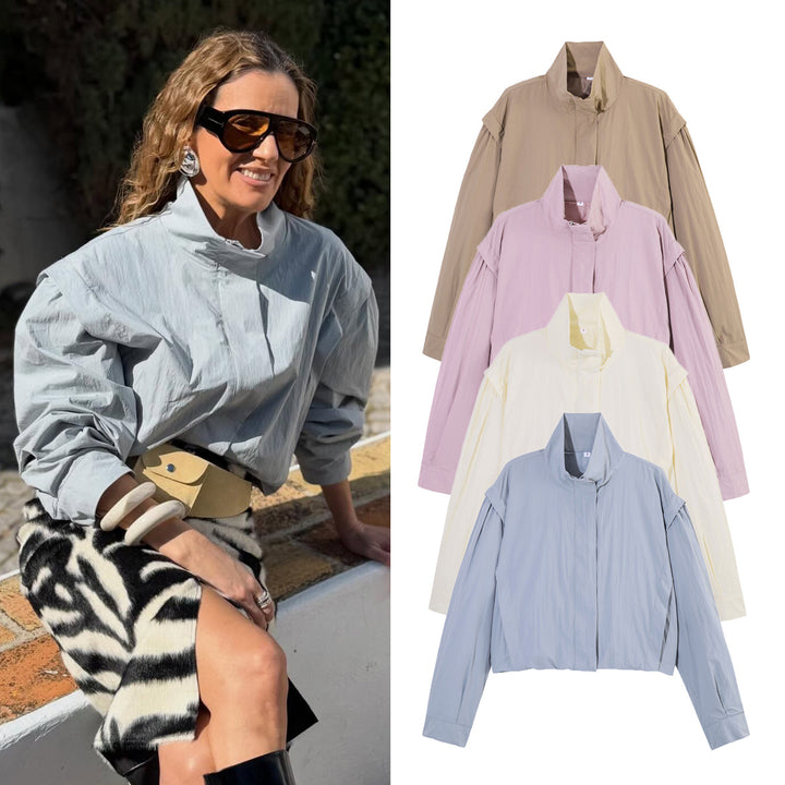Damen Cropped-Blouson mit Stehkragen, geraffter Schulterpasse und weitem Ballonärmel Drune