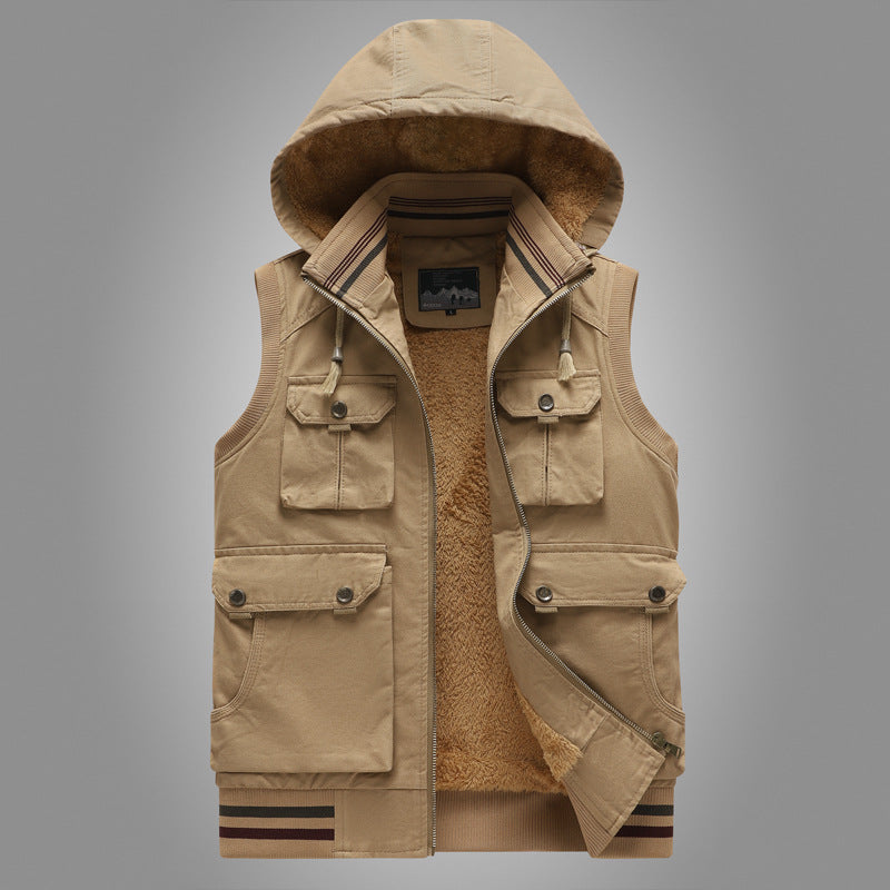 Herren Utility-Weste mit Kapuze, Teddyfutter und Multifachtaschen Drune