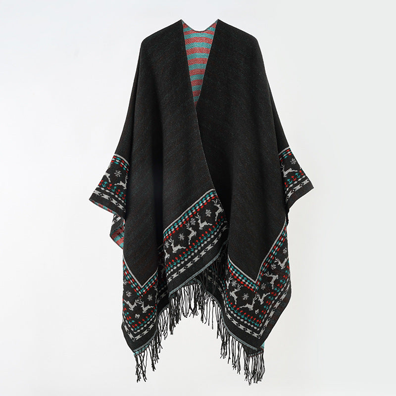 Damen Wollmix-Kimono-Poncho mit Norwegerbordüre und Fransen Drune