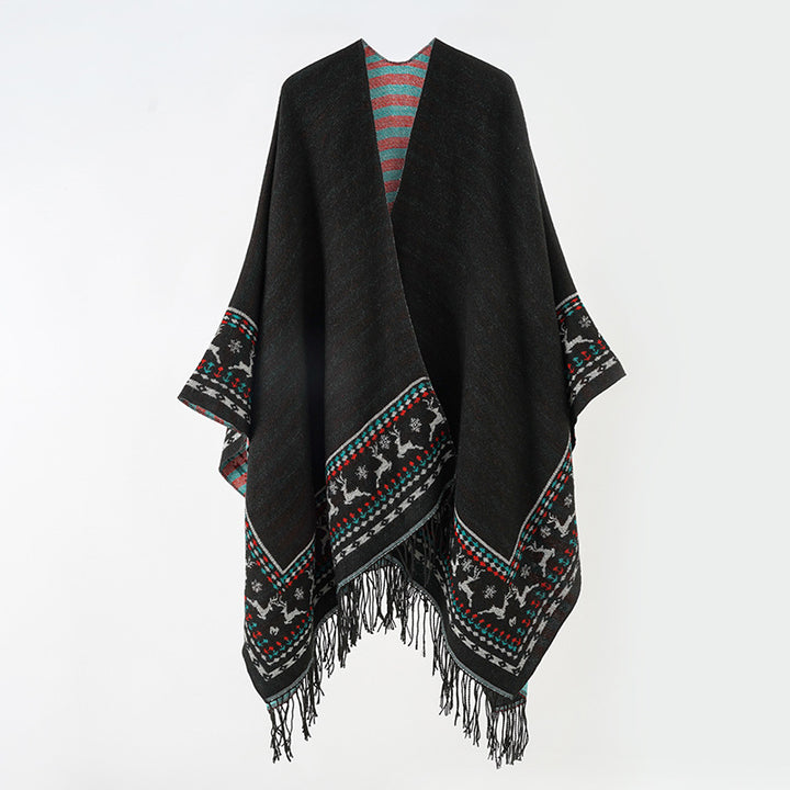 Damen Wollmix-Kimono-Poncho mit Norwegerbordüre und Fransen Drune