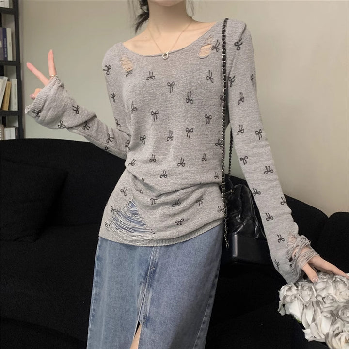 Damen Langarmshirt mit modischen Rissen und verspieltem Motiv Drune