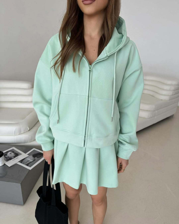 Damen Kurzzip-Kapuzenjacke mit plissiertem Minirock-Lounge-Set Drune