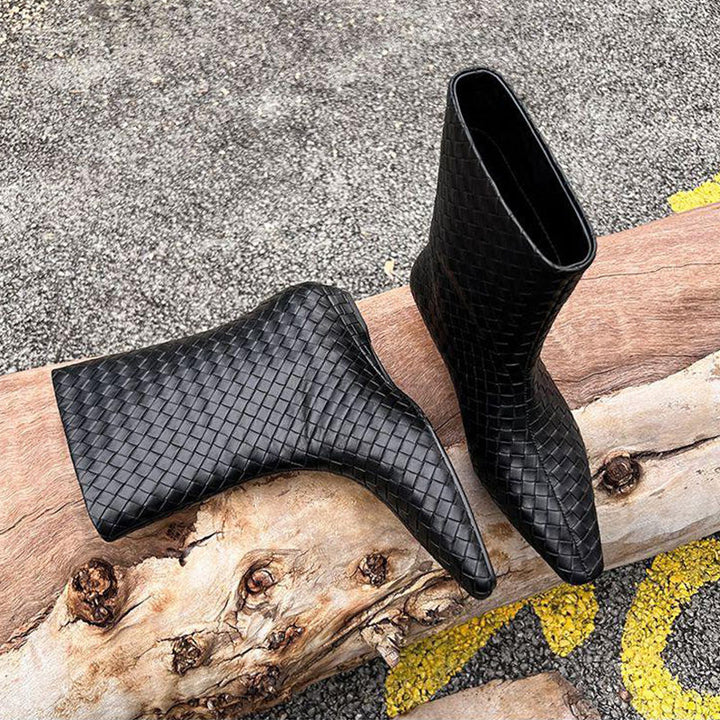 Damen Geflochtene Lederoptik-Midcalf Stiefeletten mit spitzer Zehenform und flachem Absatz Drune