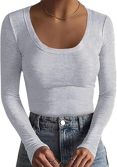 Damen Schmal geschnittenes Langarm-Feinstricktop mit weitem U-Ausschnitt Drune