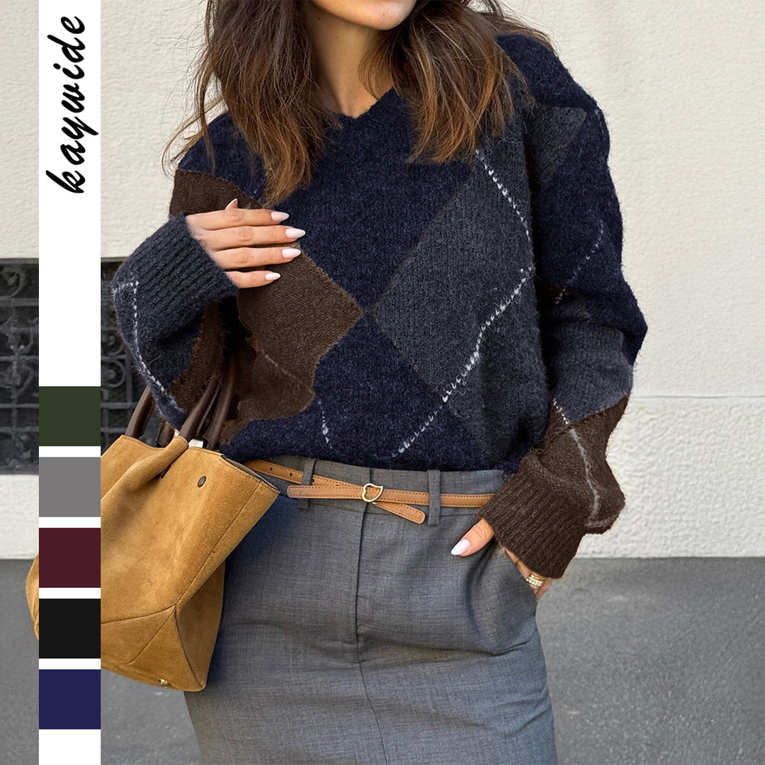 Damen nan oversized Argyle-Strickpullover mit kastigem Schnitt und geripptem Rundhalsausschnitt Drune