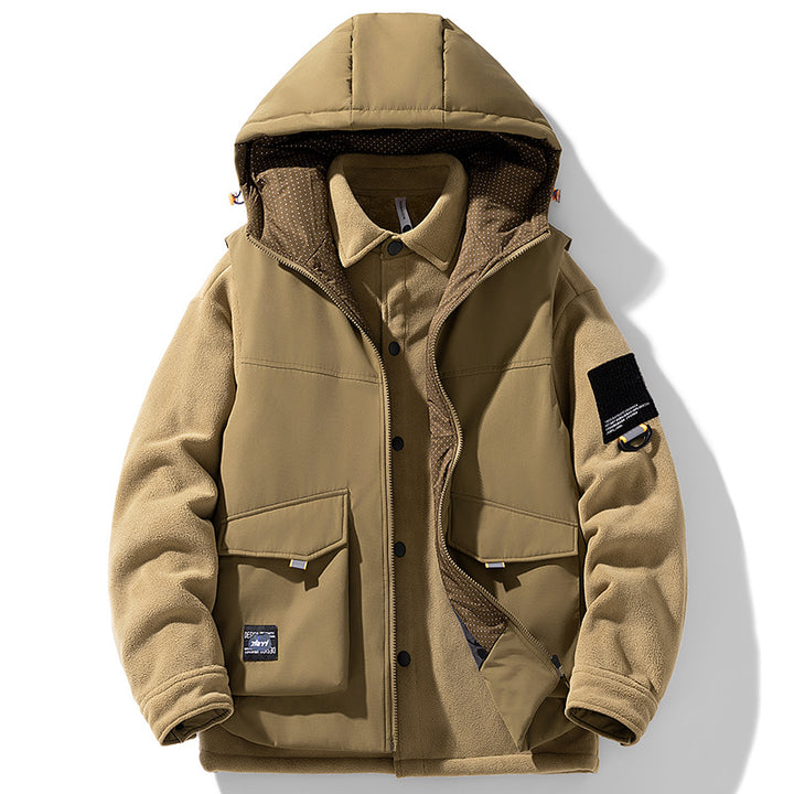 Herren Wärmende Outdoor-Kapuzenjacke mit Fleece-Innenlayer und Multifunktionstaschen Drune