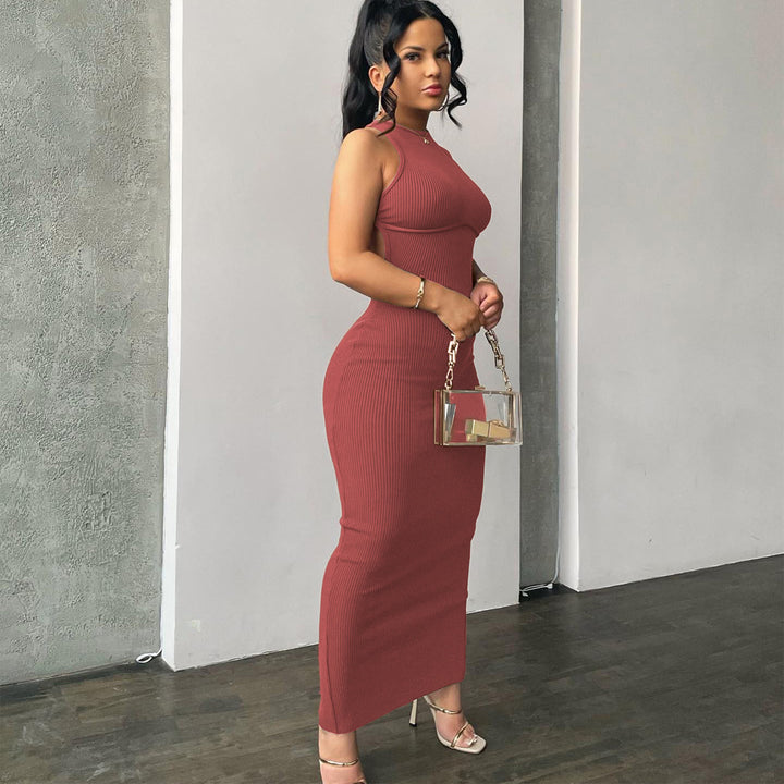 Damen körpernahes Strick-Maxi-Kleid mit raffiniertem Ausschnitt und langen Trägern Drune